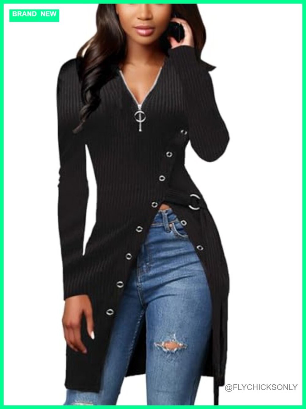 Ribbed Zip Front Long Sleeve Tunic Blouse with Belt Side Split